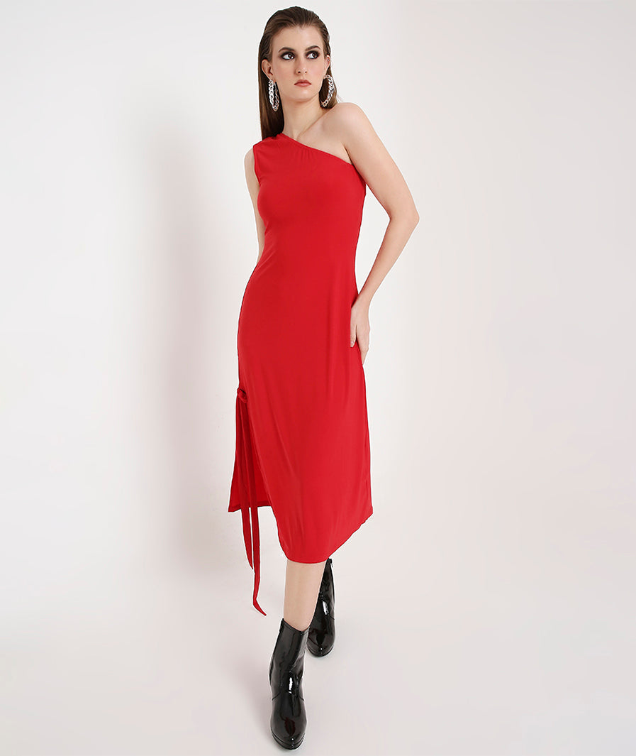 Off-Shoulder Cocktail Dress with a Side Sash-Red